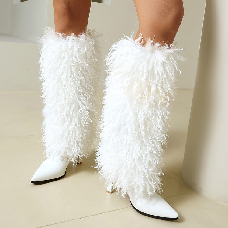 Womens Fashionable High-heeled Fuzzy Booties