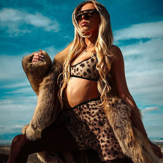 Fashionable Leopard-Print Low-Cut Camisole And High-Waist Leggings Set